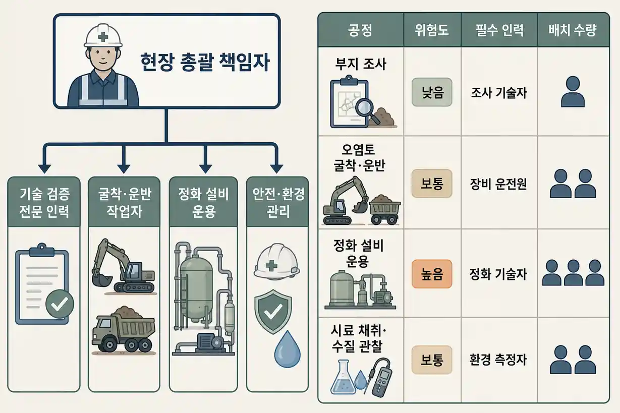 토양오염 복원 현장관리 인력 배치 최적화 조직 및 직무 체계도