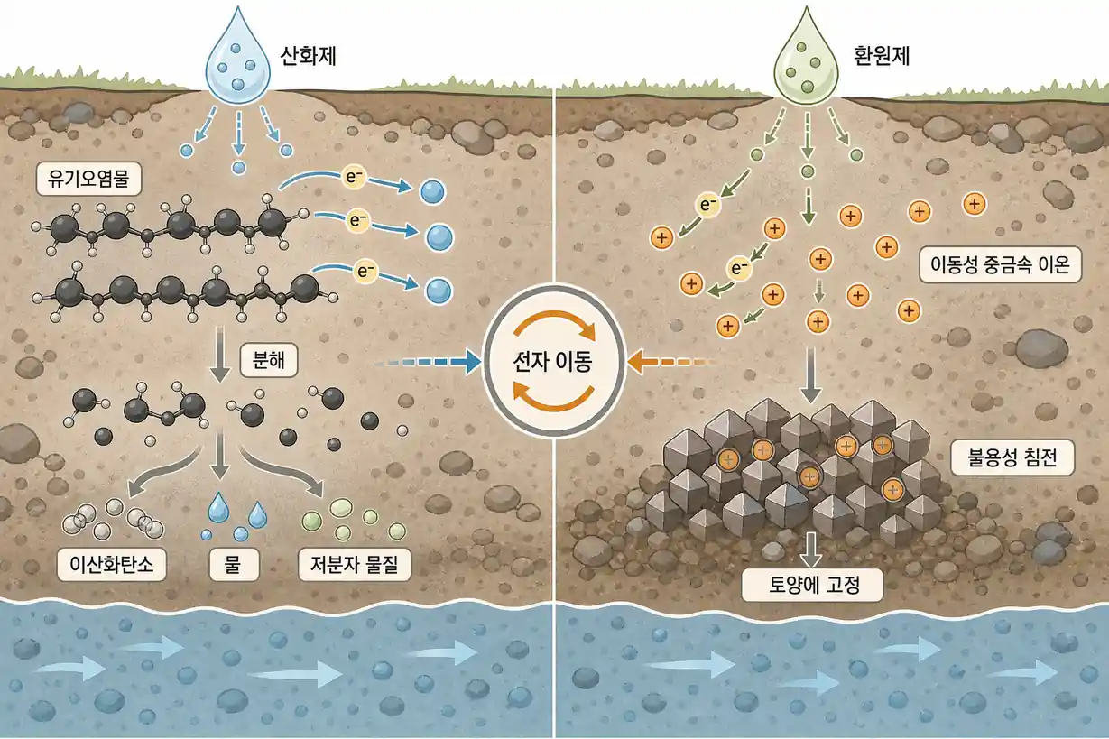 토양오염 복원기술 산화환원 반응 전자 이동 및 오염물질 분해