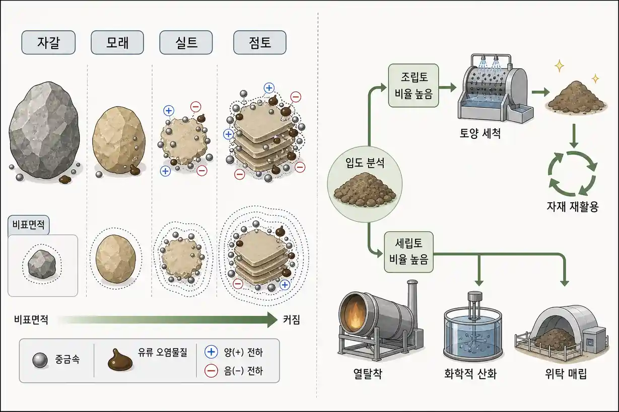 토양 입자 크기별 오염물질 흡착 특성 및 비표면적 비교