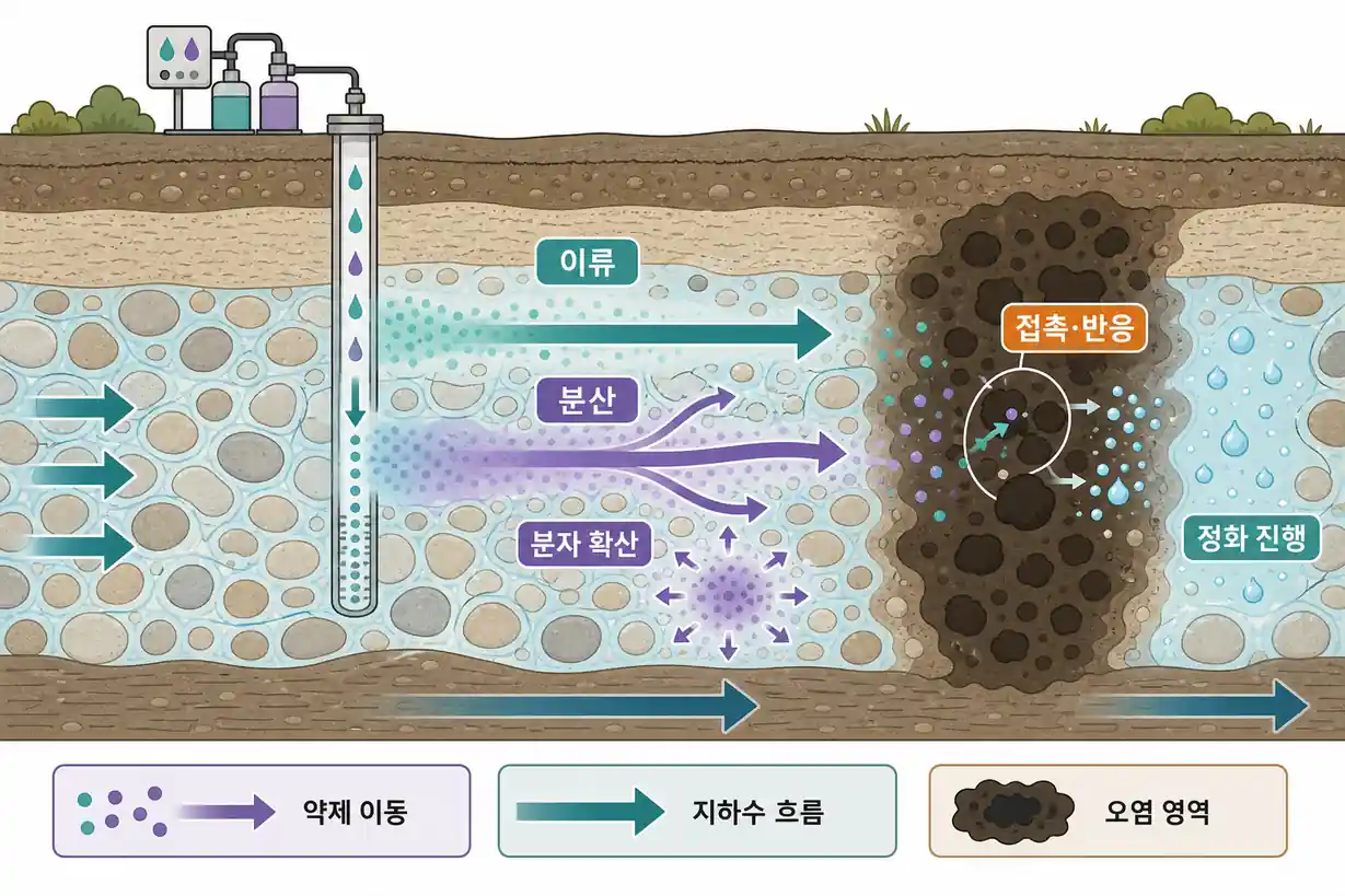 토양오염 화학적 정화 지중 약품 이류 분산 확산 물리적 수송