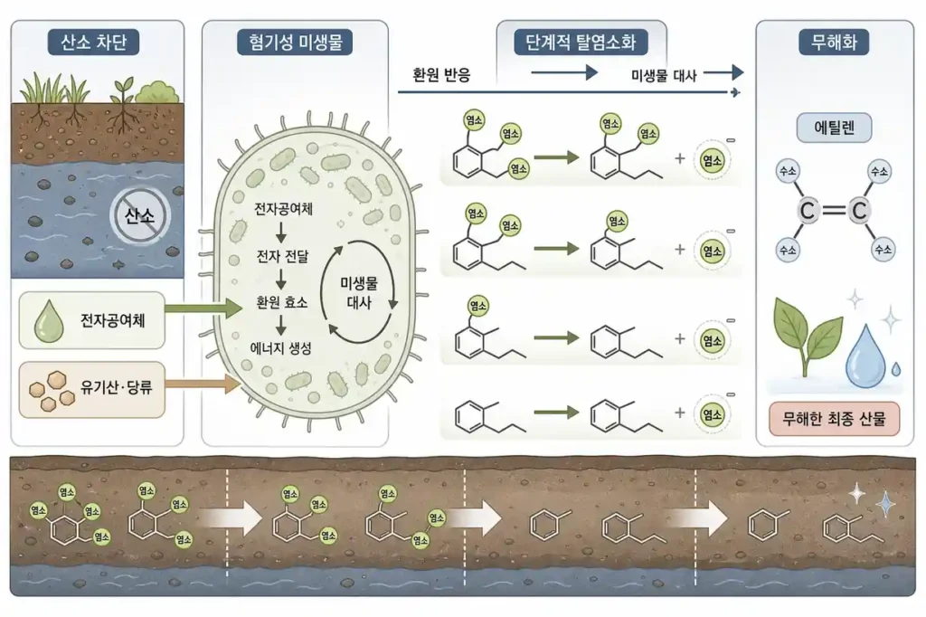 토양 혐기성 미생물 환원적 탈염소화 및 오염물질 분해 메커니즘