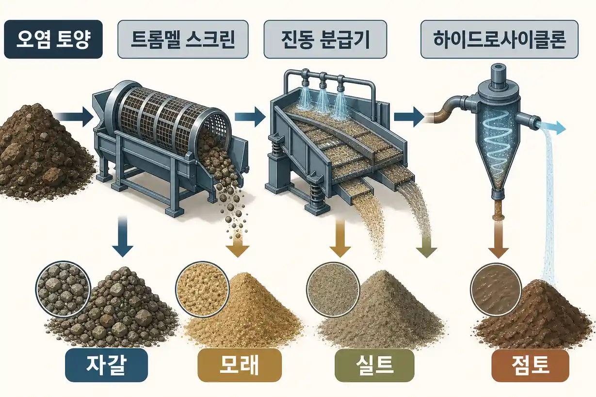 오염토양 입도별 다단계 물리 분급 공정