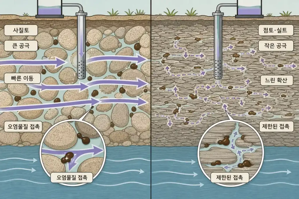 지반 수리전도도 차이에 따른 지중산화제 이송 확산 및 오염물질 접촉 메커니즘
