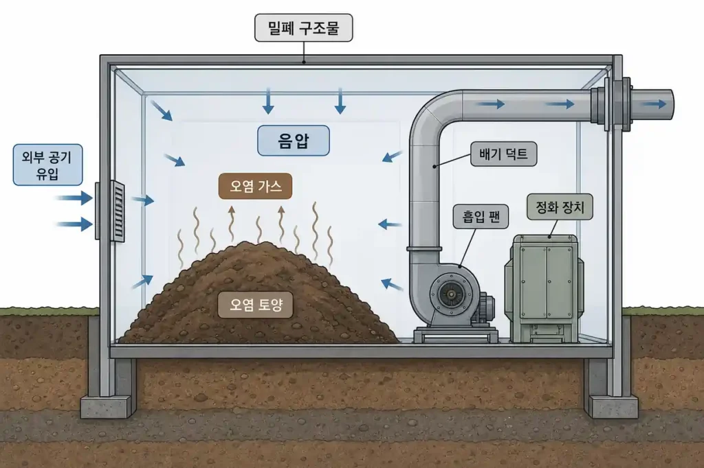 토양오염 밀폐형 정화동 환기시스템 및 음압 관리