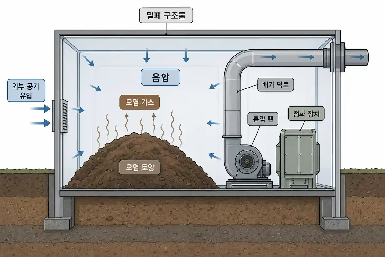 토양오염 밀폐형 정화동 환기시스템 및 음압 관리