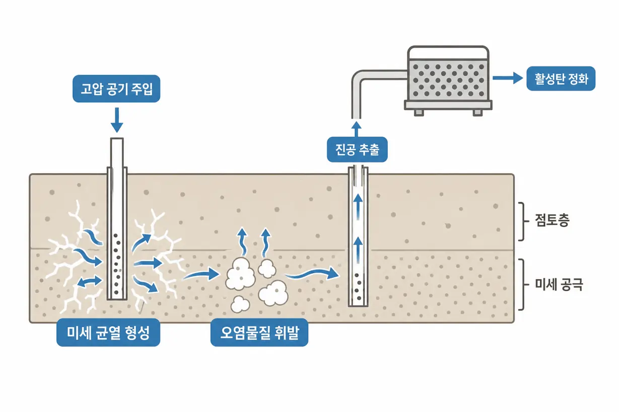 공압 파쇄 기술 결합 토양오염 복원 증기추출법 원리