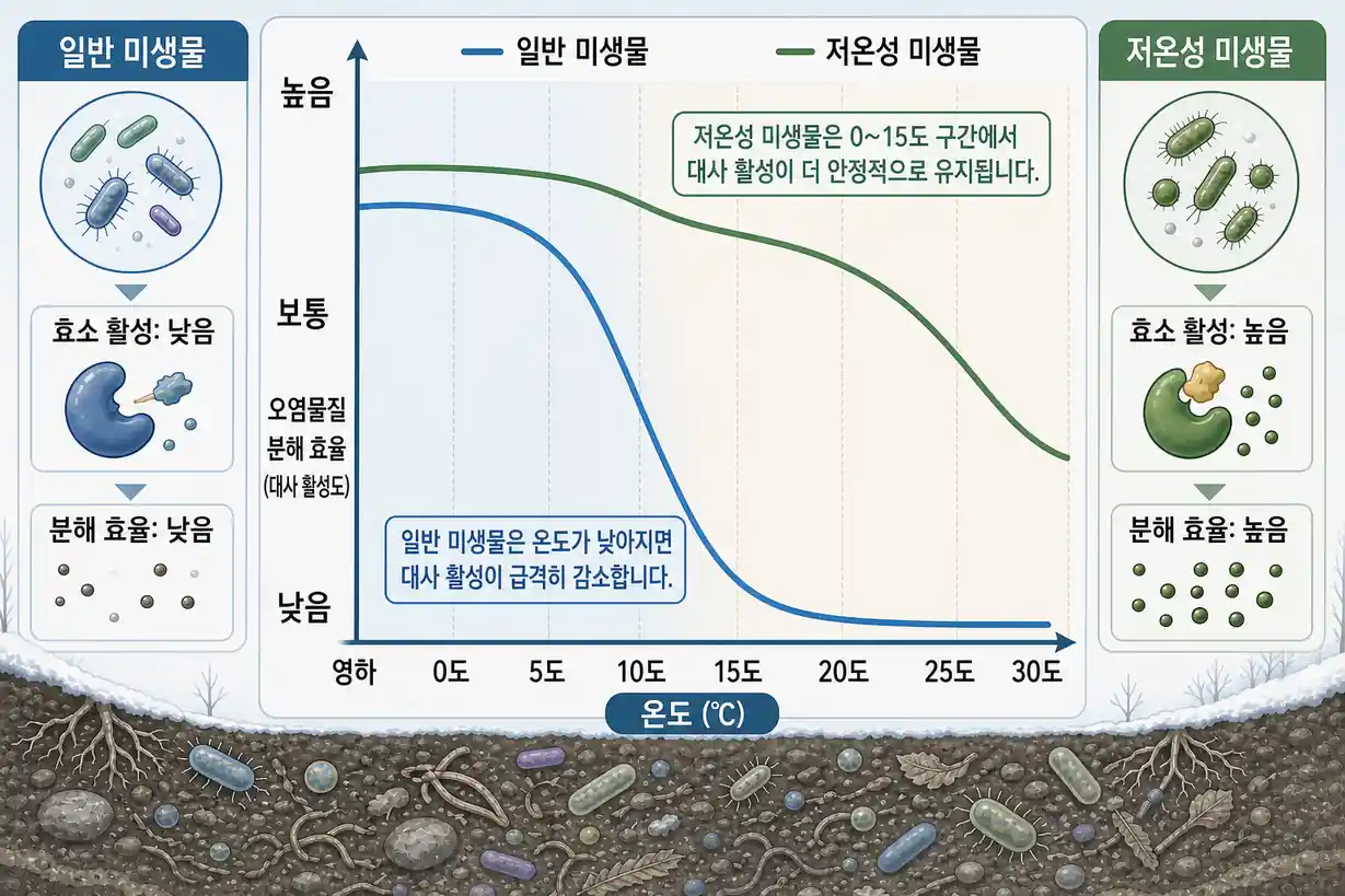 저온성 미생물 동절기 대사 활성 오염물질 분해 효율