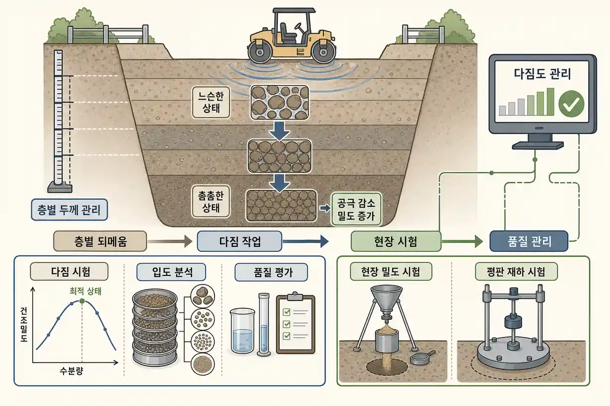 현장 토사 층상 되메우기 다짐 시공
