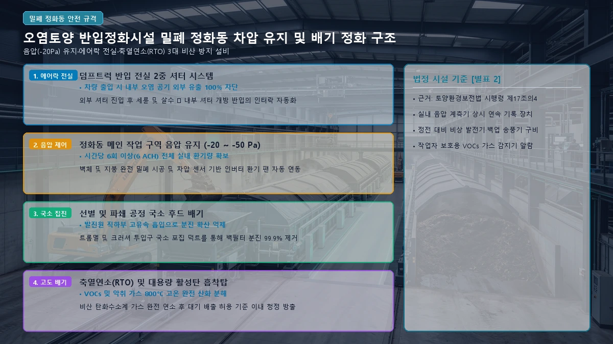 밀폐 정화동 음압 차압 유지 및 RTO 배기 정화 구조 도해
