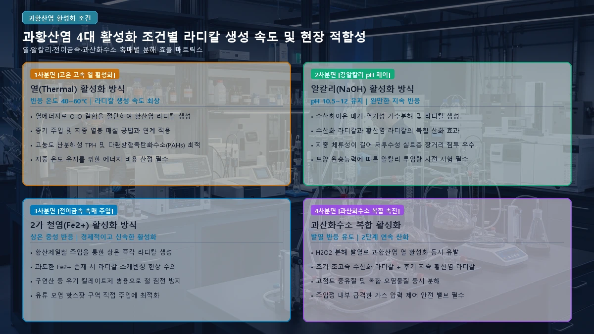 과황산염 4대 활성화 조건별 라디칼 생성 효율 매트릭스 도해