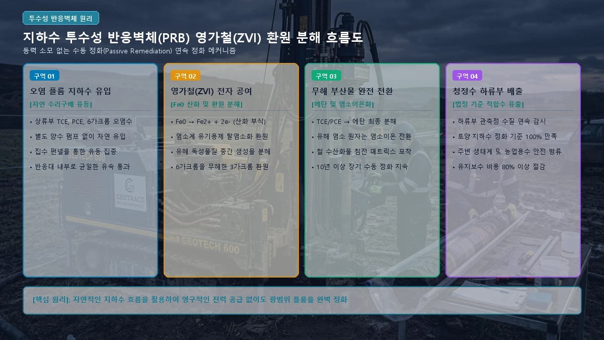 투수성 반응벽체 PRB 영가철 ZVI 환원 분해 흐름도
