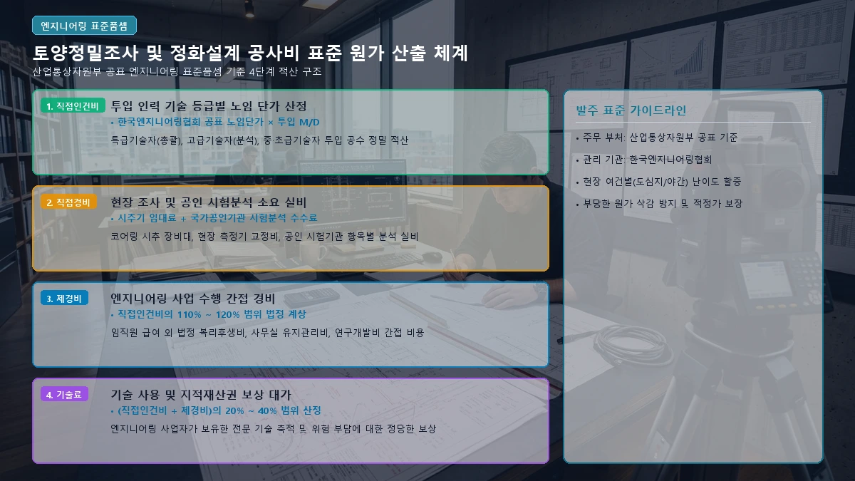 엔지니어링 표준품셈 기반 토양정밀조사 및 정화설계 대가 4단계 원가 산출 구조 도해