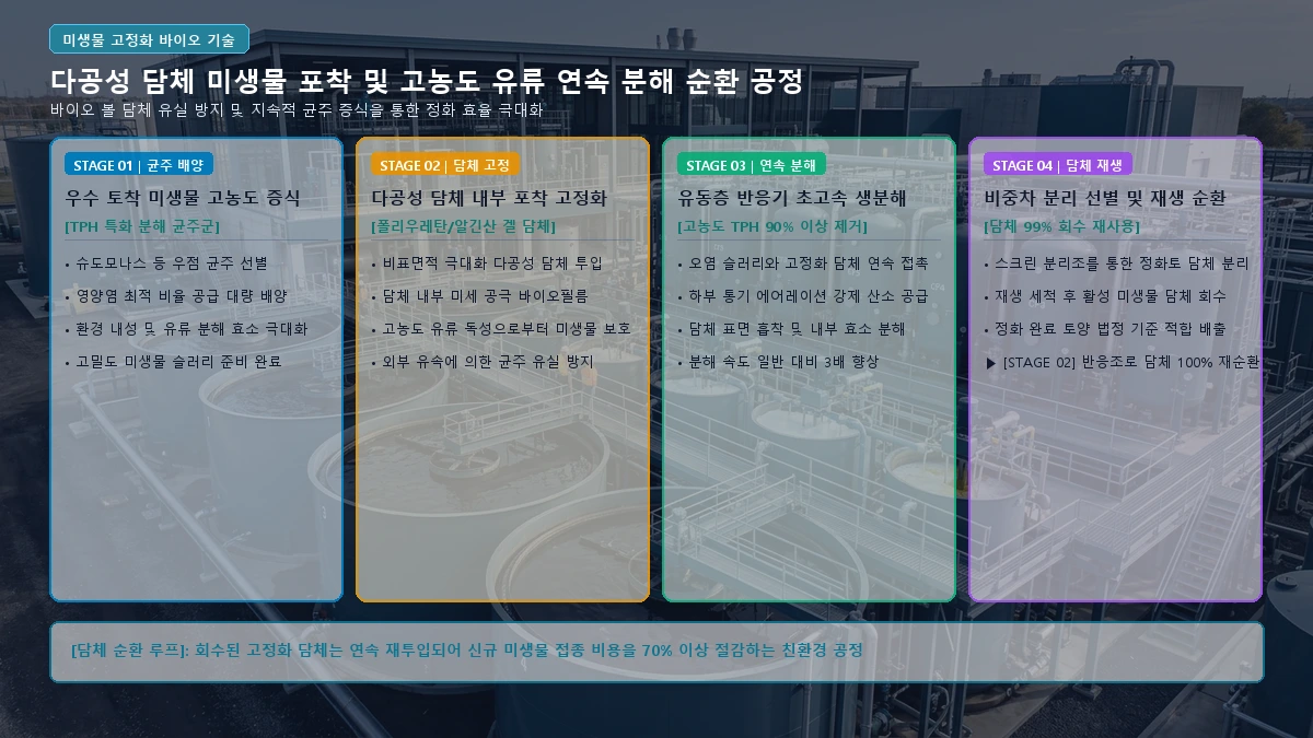 다공성 담체 미생물 포착 및 고농도 유류 분해 순환 공정도