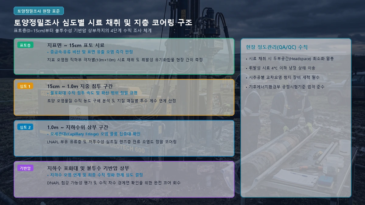토양정밀조사 심도별 시료 채취 및 지층 코어링 구조 기술 도해
